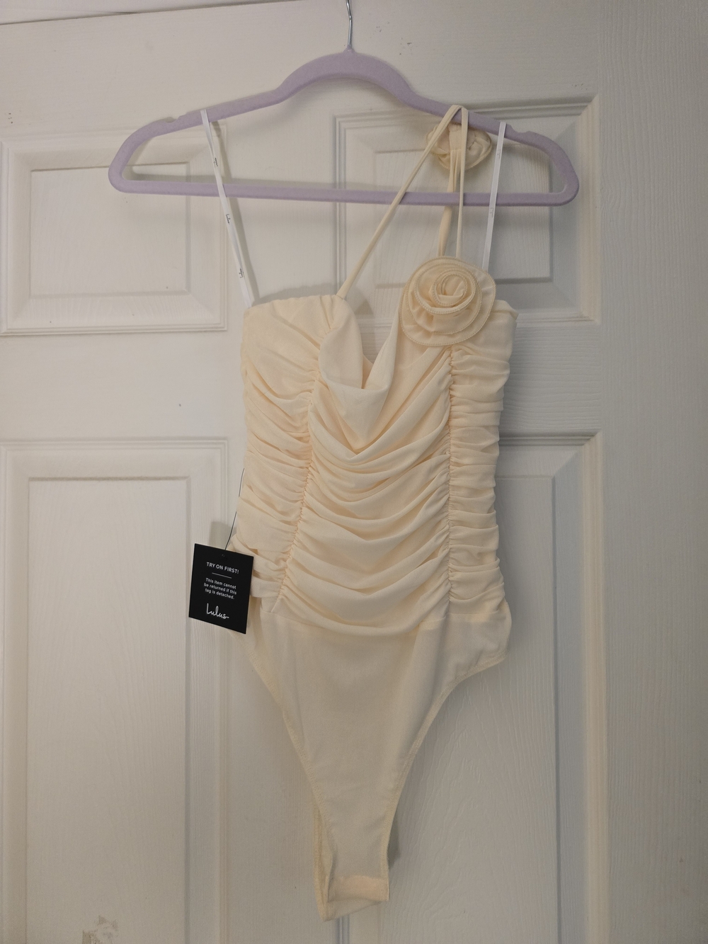 NWT Lulu's Ruched Cream Spaghetti-Strap Bodysuit with Flower Accent - Picture 3 of 5